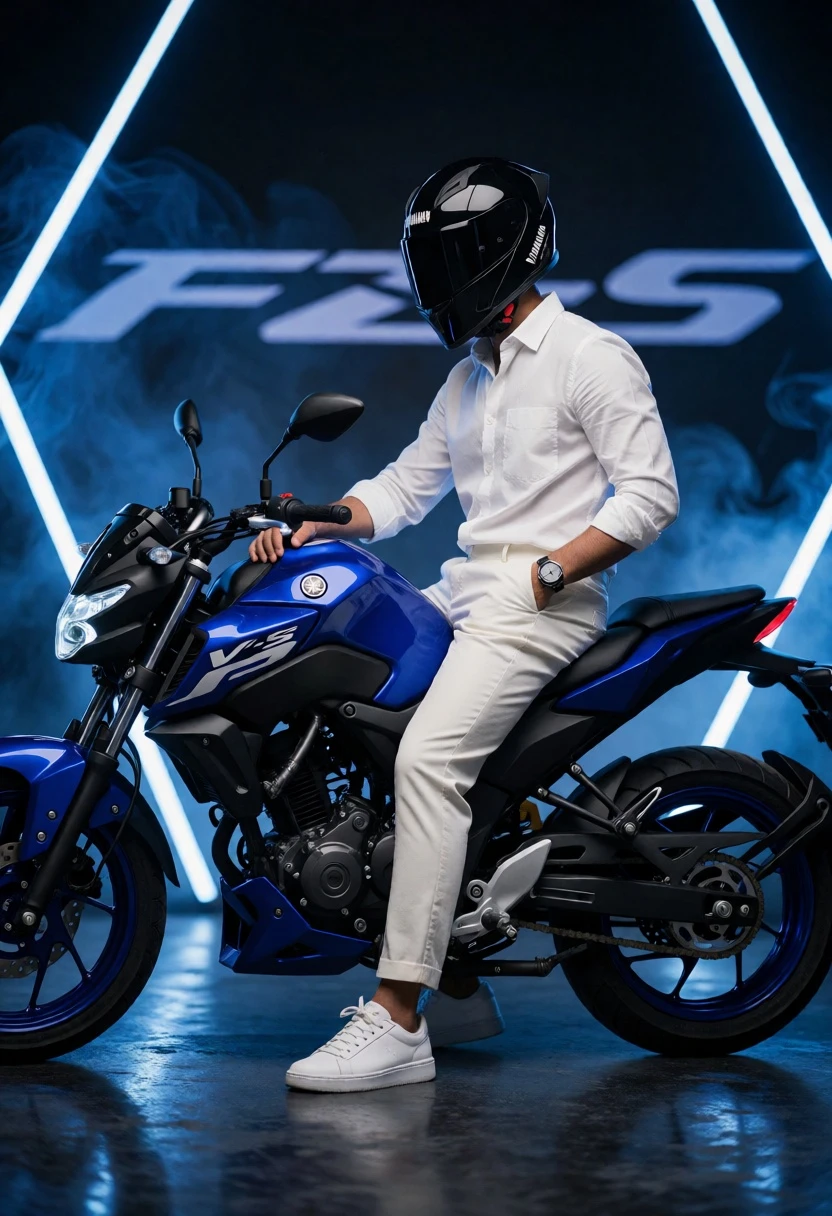 Man sitting casually on blue motorcycle in dark studio setting - AI generated image prompt sample