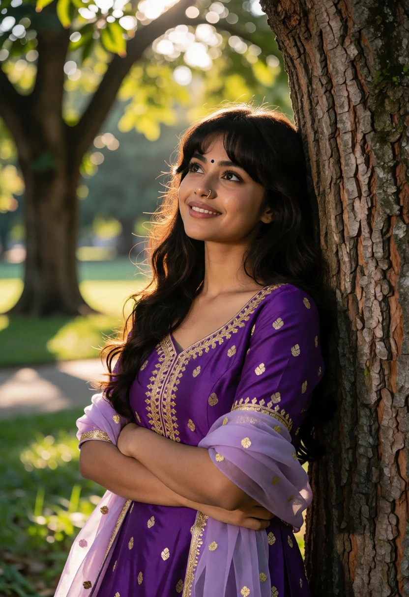 Young woman in purple traditional outfit leaning against tree trunk in park - AI generated image prompt sample