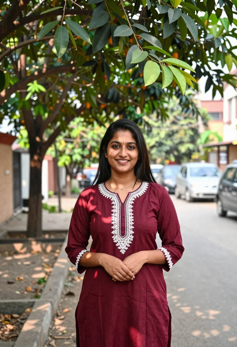 Smiling young woman in maroon kurta under large tree shade outdoors