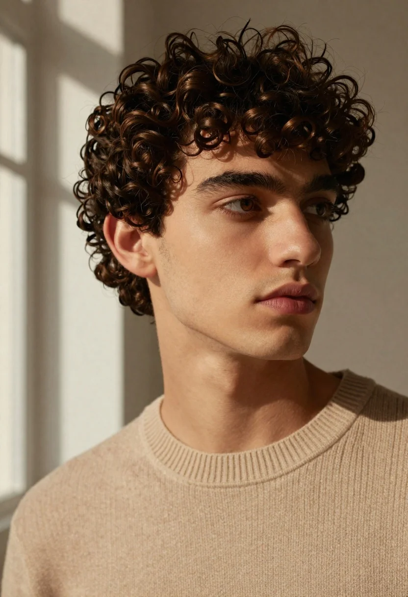 Close up portrait of young man with dark curly hair indoors - AI generated image prompt sample