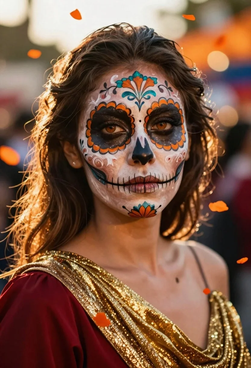 Woman with skull makeup at outdoor festival celebration - AI generated image prompt sample