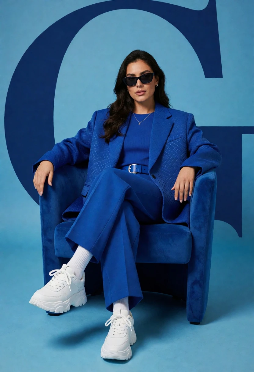 Woman in royal blue outfit sitting in armchair against stylized letter g - AI generated image prompt sample