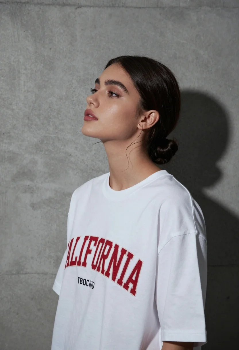 Young woman in white t shirt against grey concrete wall dramatic side - AI generated image prompt sample