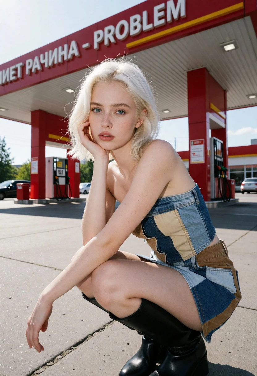 Young woman crouching near red gas station canopy under bright daylight - AI generated image prompt sample