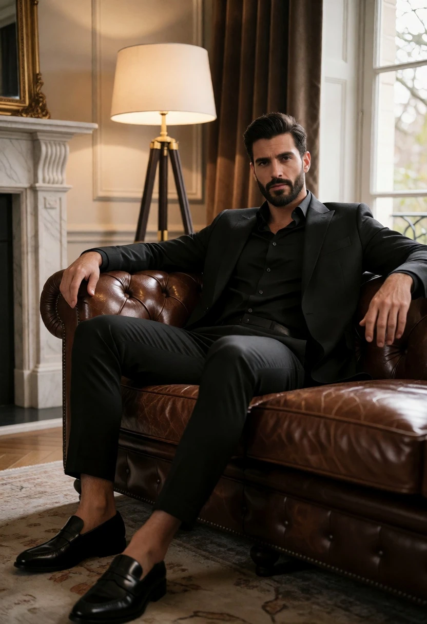 Handsome man in black suit seated on brown leather sofa in elegant - AI generated image prompt sample