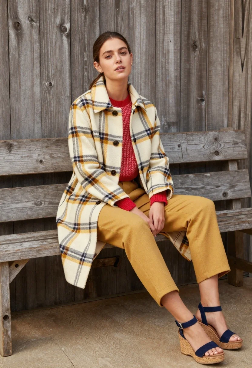 Fair skinned woman sitting on wooden bench against rustic plank wall - AI generated image prompt sample