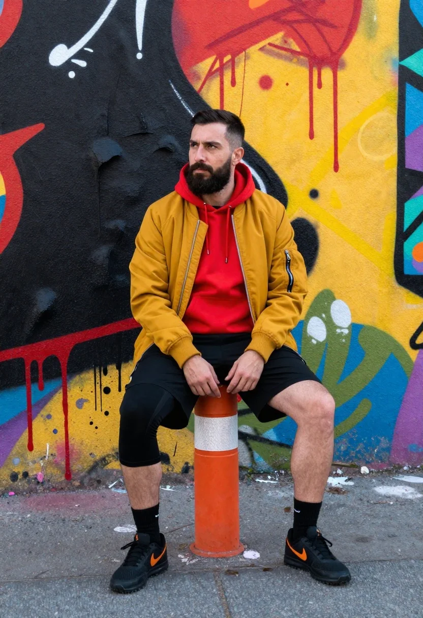 Man sitting on bollard against vibrant graffiti wall