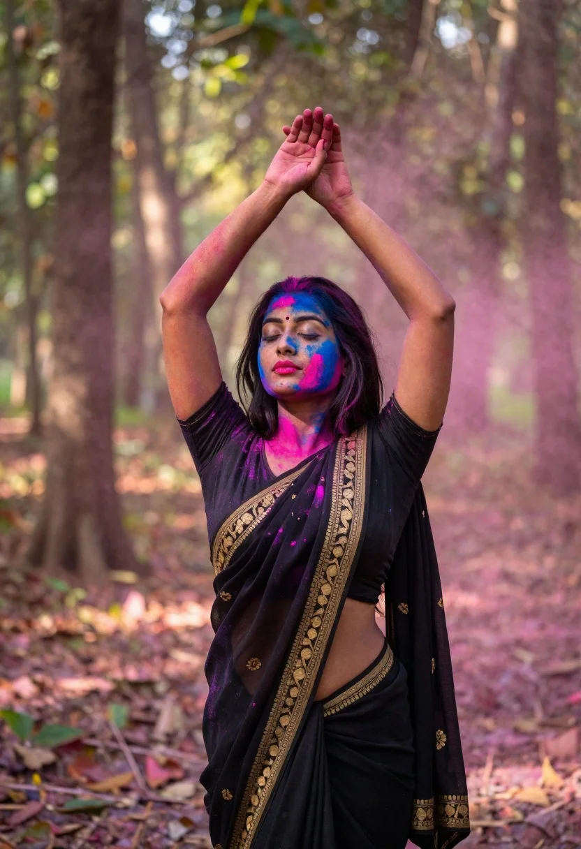 Woman in black saree raising arms in a sunlit forest clearing - AI generated image prompt sample