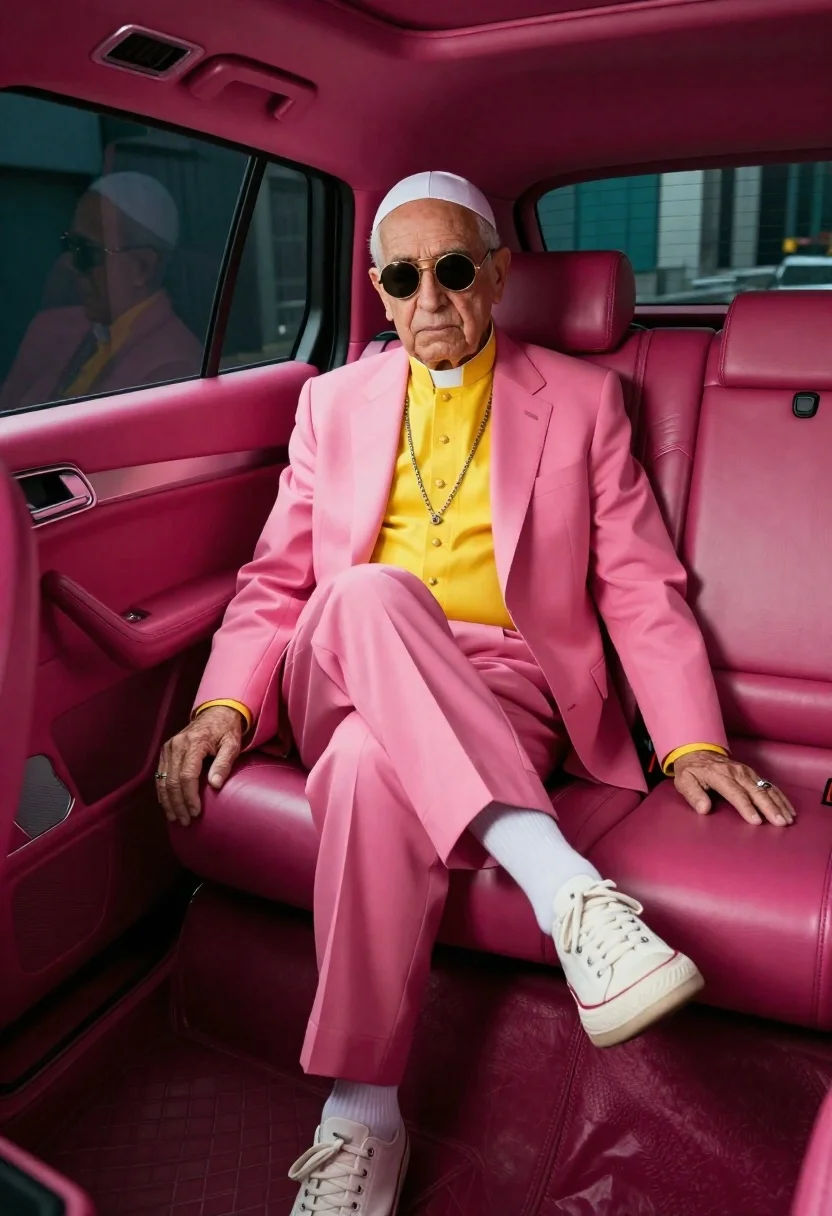 Senior man in pink suit seated inside luxury vehicle