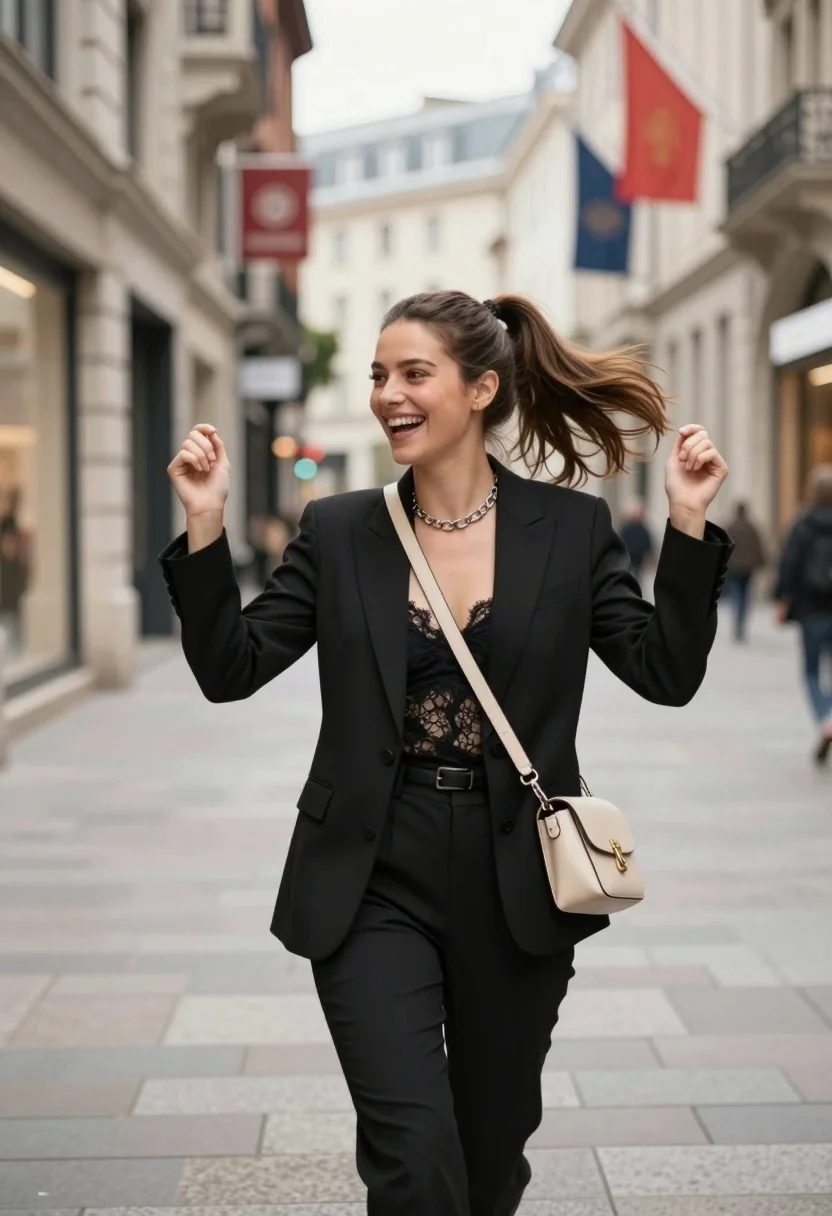 Joyful woman in black blazer walking down a city street during daylight - AI generated image prompt sample