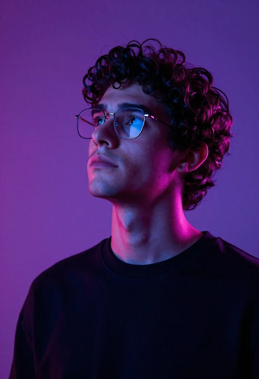 Close up portrait of young man with curly dark hair looking upward - AI generated image prompt sample