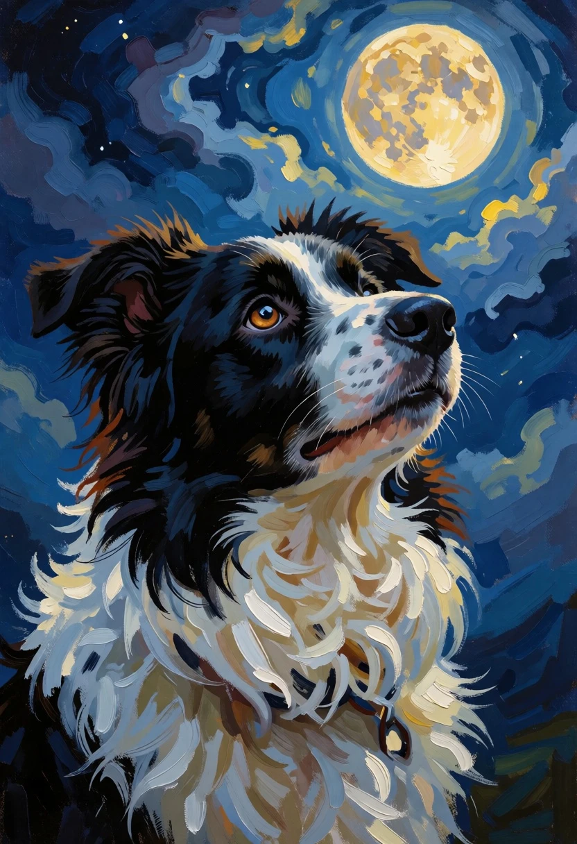 Black and white dog portrait gazing at a glowing full moon in - AI generated image prompt sample