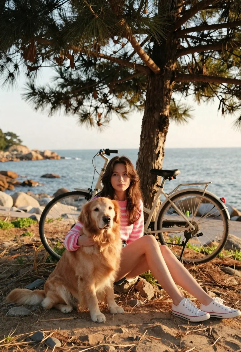 Young woman with brown hair and golden retriever under pine tree - AI generated image prompt sample