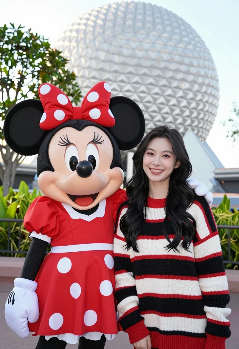Smiling young woman next to minnie mouse character at epcot geodesic sphere - AI generated image prompt sample