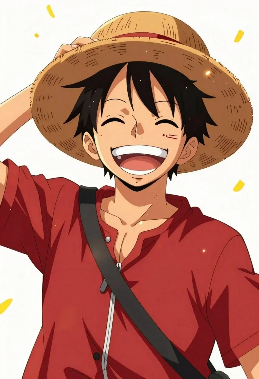 Anime boy in straw hat laughing on white background