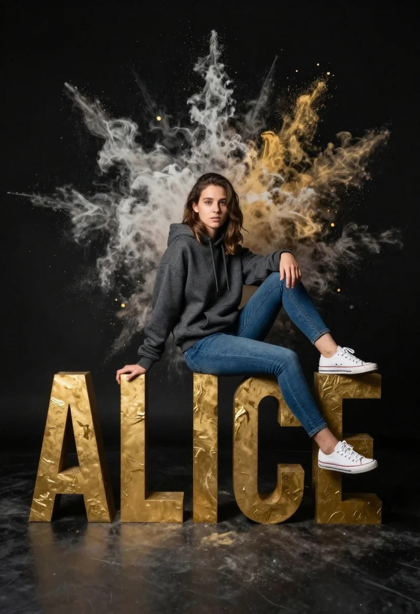 Young woman sitting on large golden letters with colorful powder explosion - AI generated image prompt sample