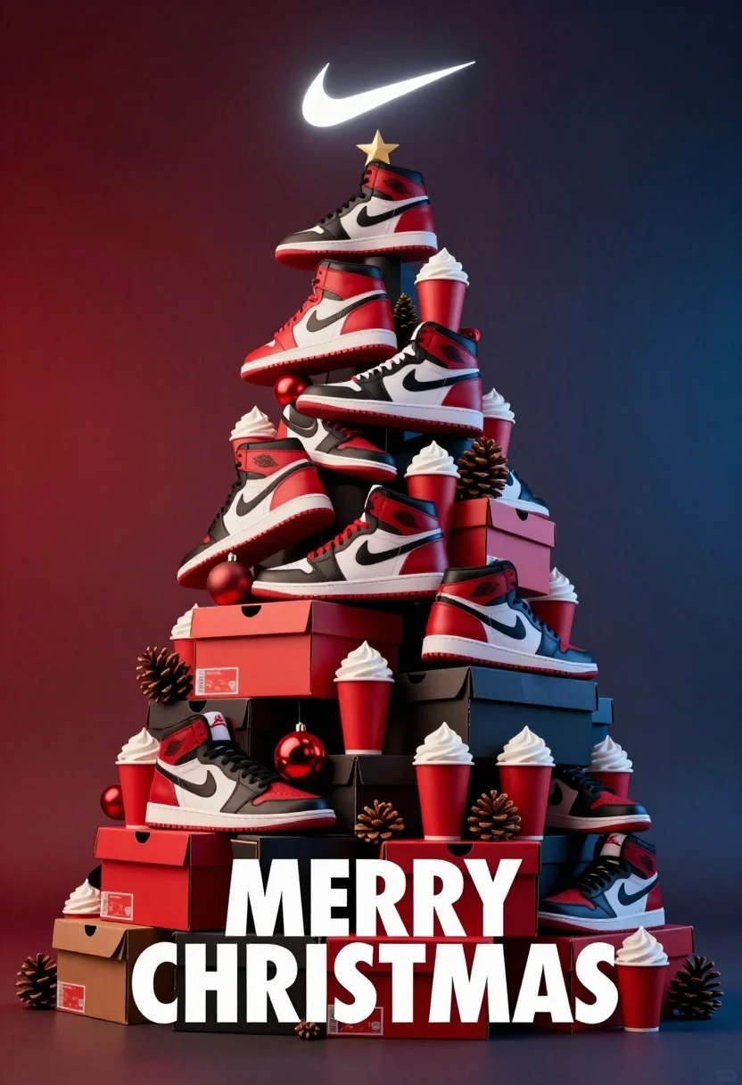 Hyperrealistic 3d render of christmas tree made from nike sneakers and decorations - AI generated image prompt sample