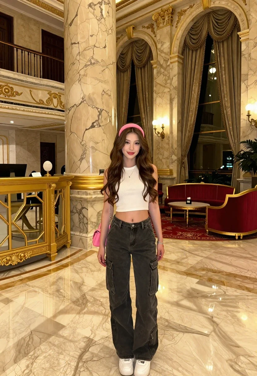 Young woman in white top and cargo jeans in luxury lobby