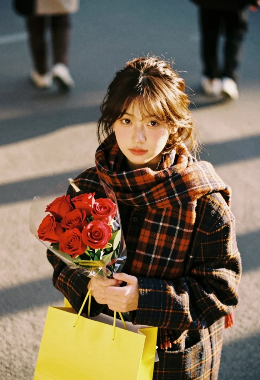 Young woman with brown hair holding roses on an urban street at - AI generated image prompt sample