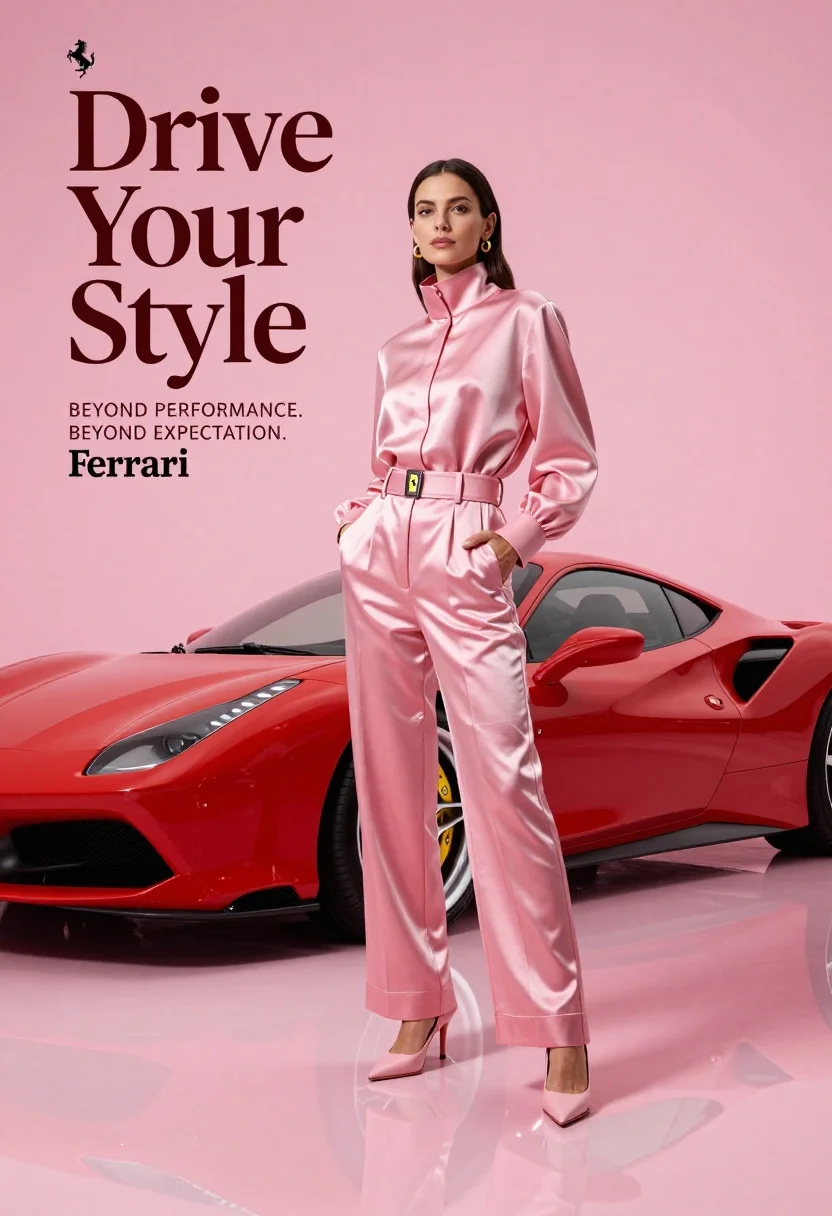 Woman in pink outfit standing next to red sports car on pink - AI generated image prompt sample