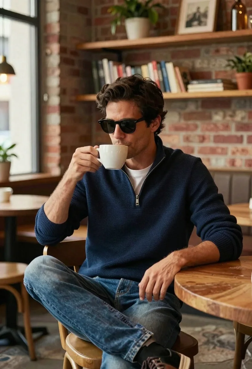 Handsome man with dark hair drinking coffee in cozy cafe - AI generated image prompt sample