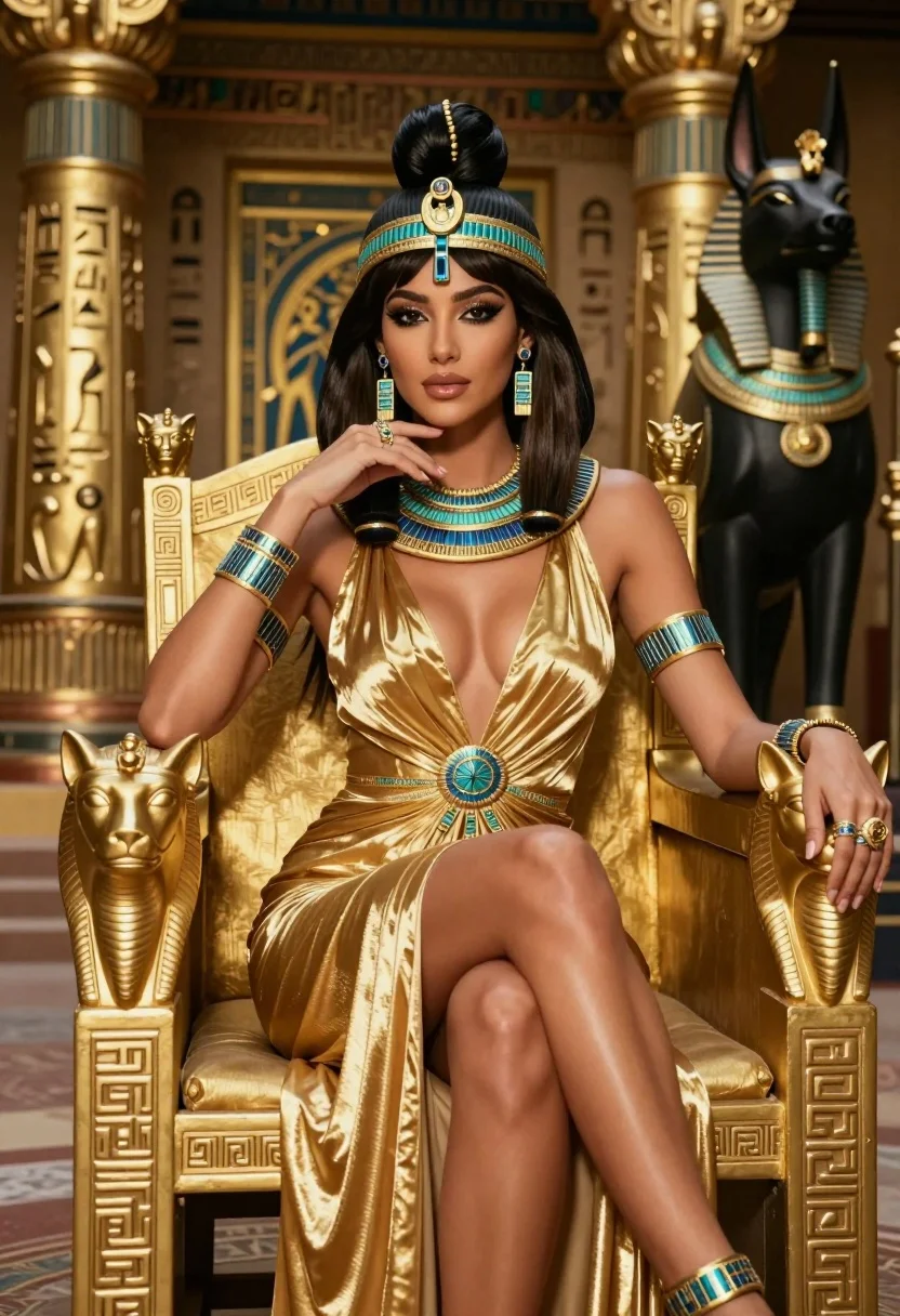 Glamorous woman on golden throne in richly decorated ancient egyptian setting - AI generated image prompt sample