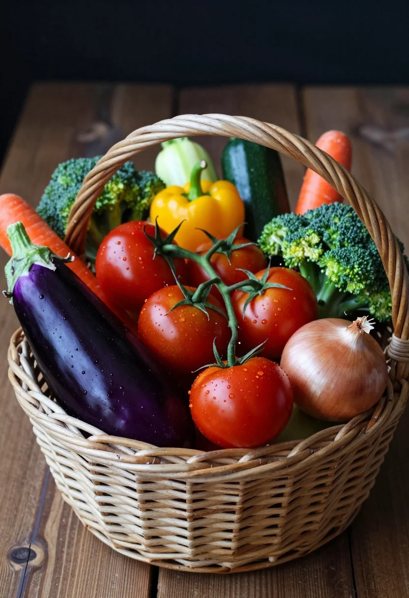 Close up view of colorful fresh vegetables overflowing from a wicker basket - AI generated image prompt sample