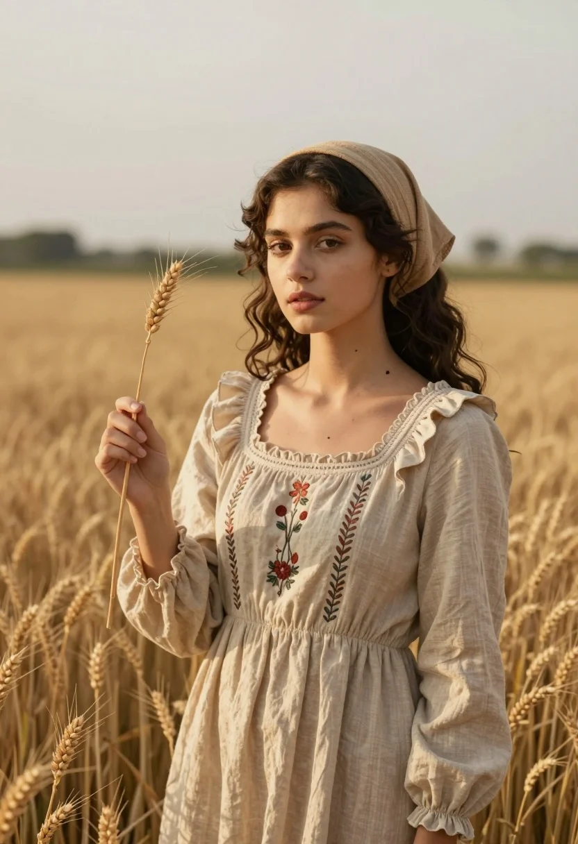 Young woman in beige linen dress holding wheat stalk in golden field - AI generated image prompt sample