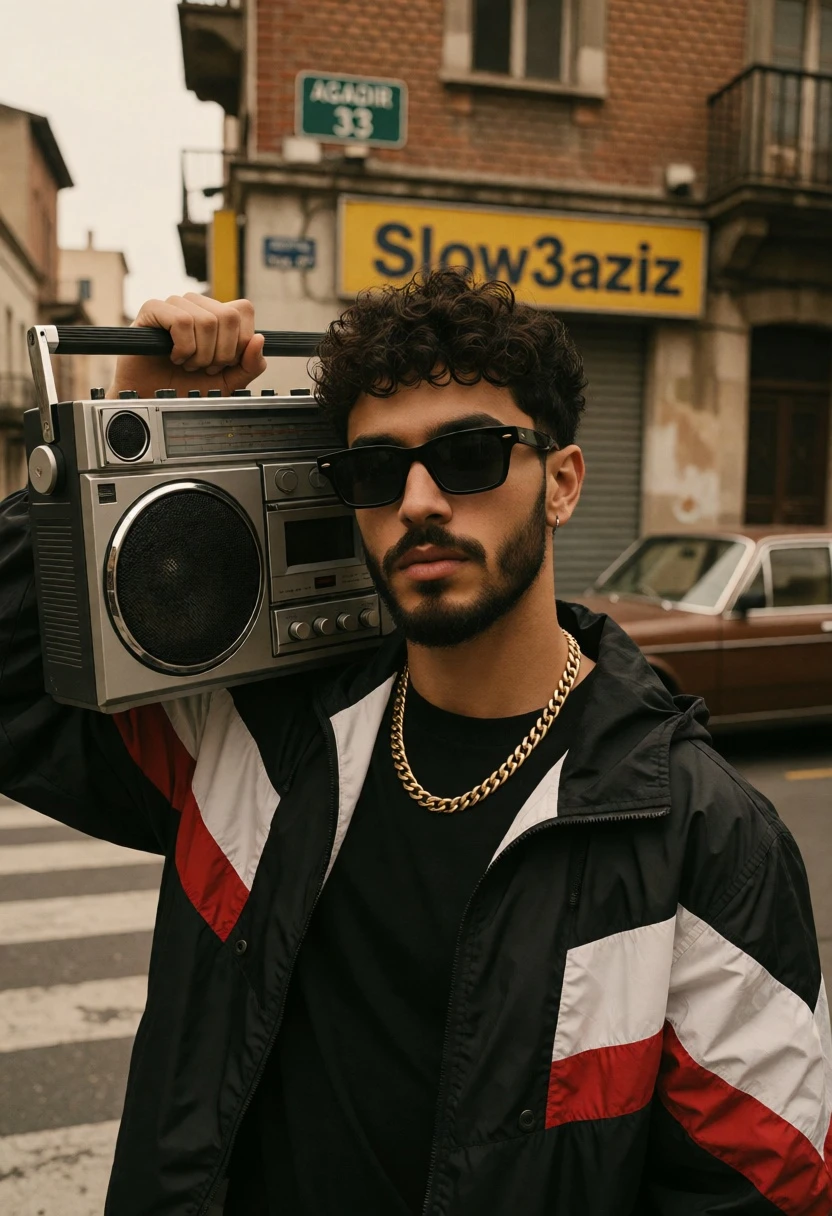 Young man with boombox on urban street corner under soft daylight - AI generated image prompt sample