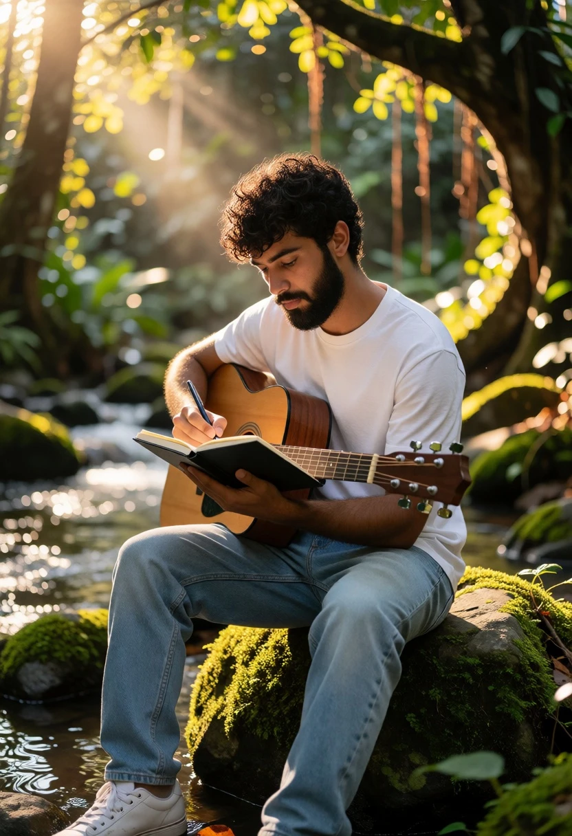 Young man writing music by a stream in sunlit forest setting - AI generated image prompt sample