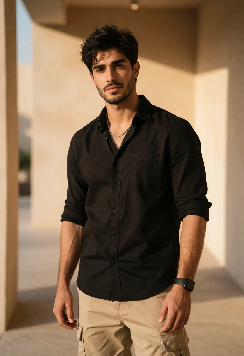 Young man in black shirt standing in sunlit beige architectural corridor - AI generated image prompt sample