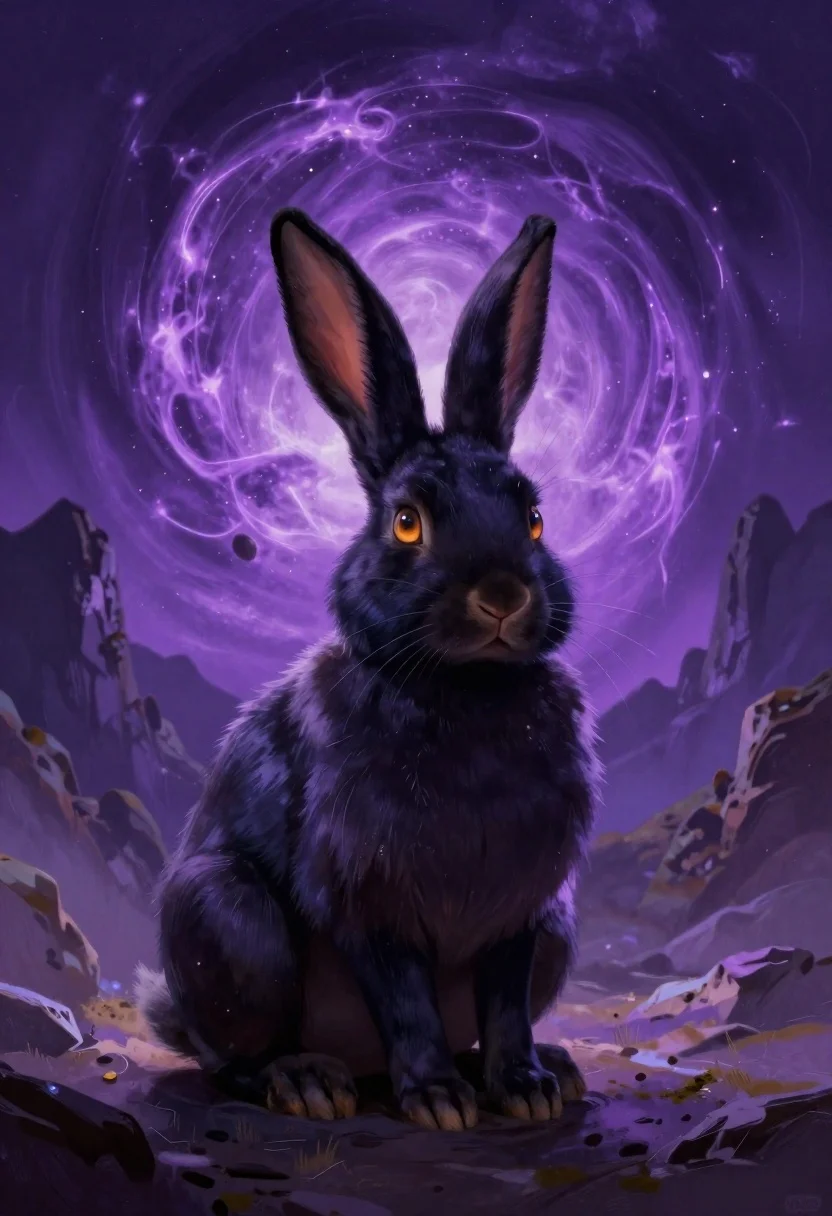 Mystical black rabbit in alien landscape under purple vortex