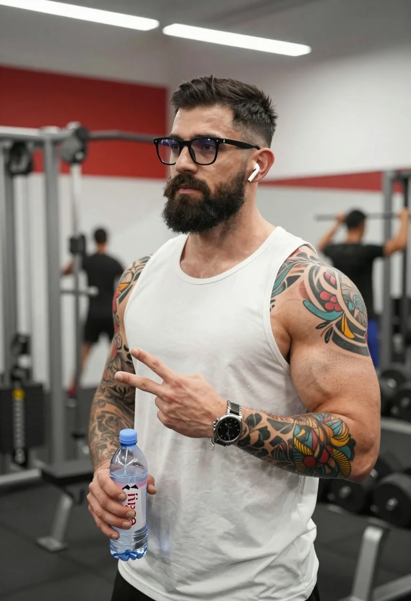 Muscular man with beard and glasses in modern gym setting - AI generated image prompt sample