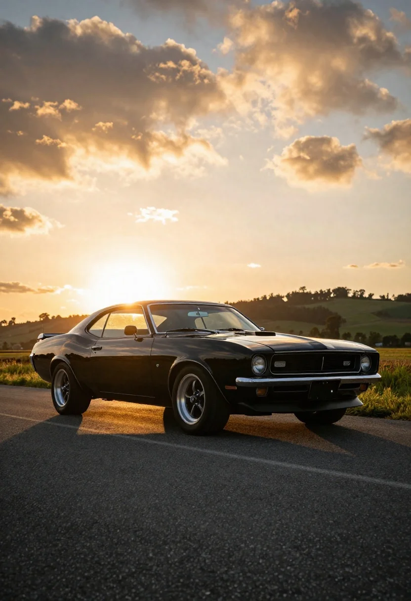 Glossy black muscle car parked on asphalt at sunset