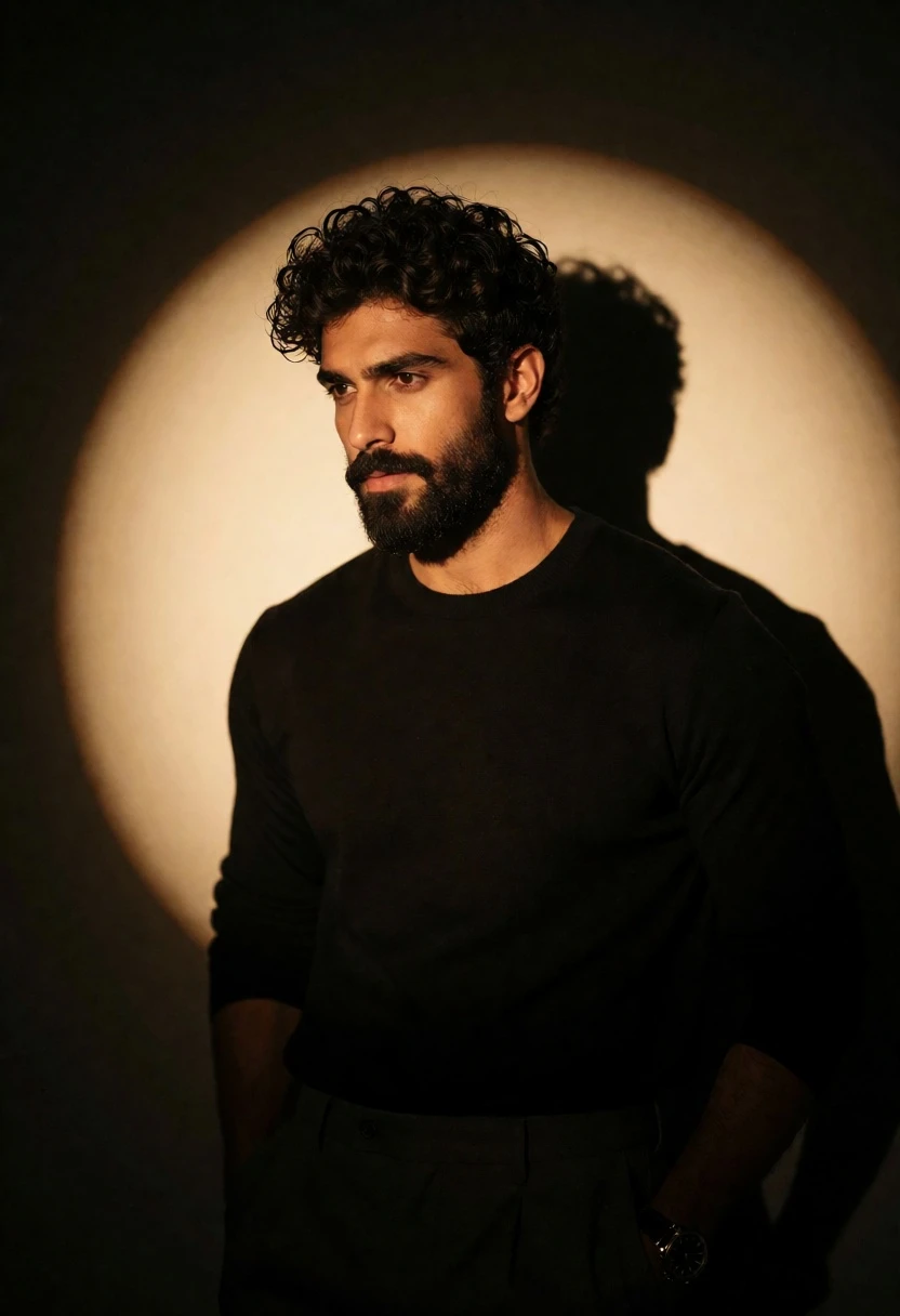 Man with dark curly beard lit by single warm spotlight against dark - AI generated image prompt sample