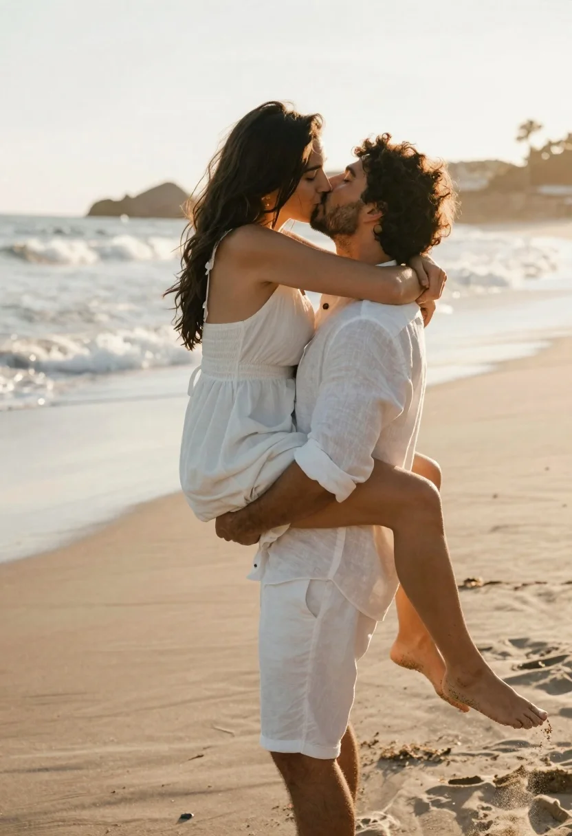 Romantic couple embracing and kissing on a sandy beach at sunset - AI generated image prompt sample