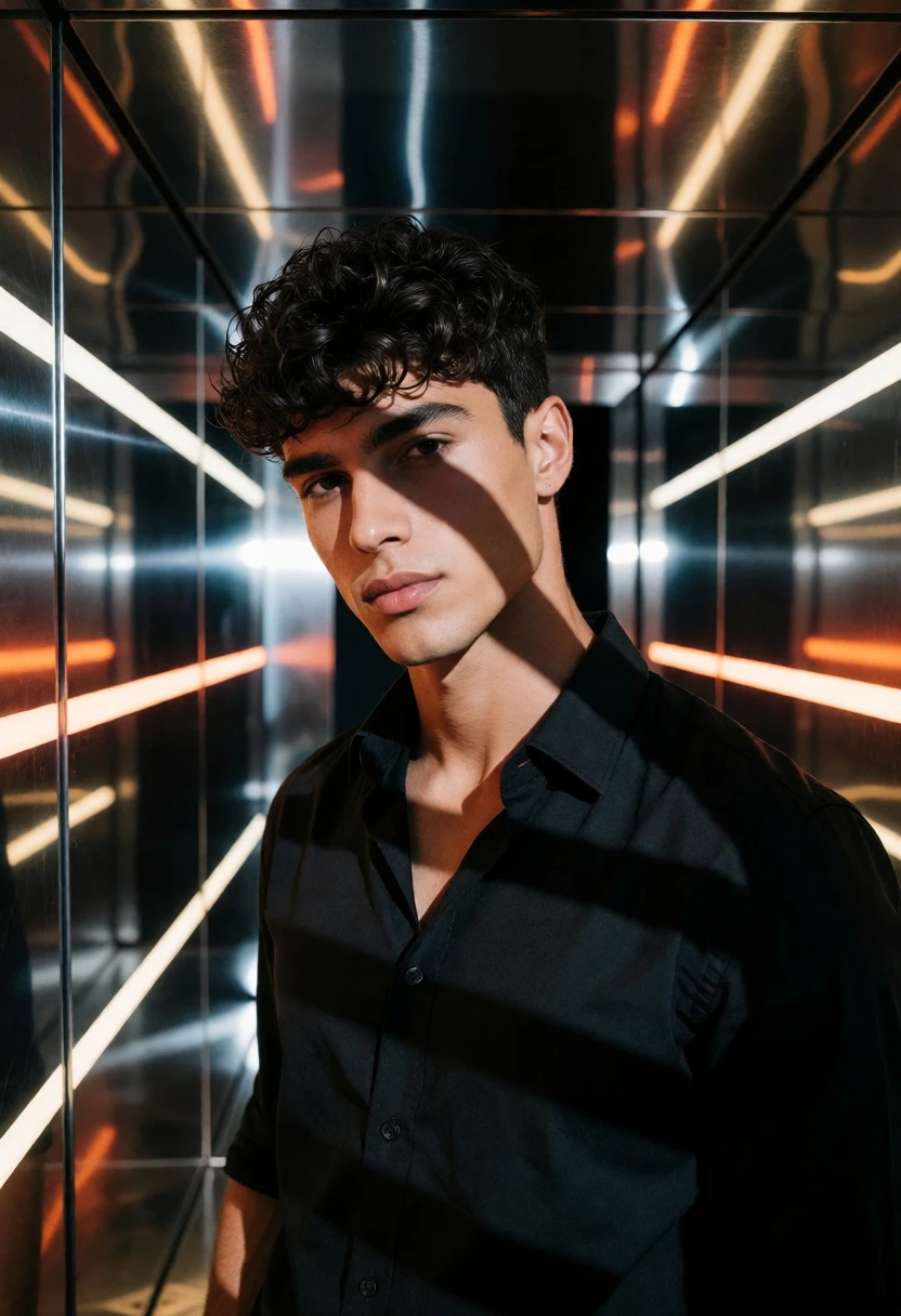 Young man in black shirt standing in futuristic corridor with reflective panels - AI generated image prompt sample