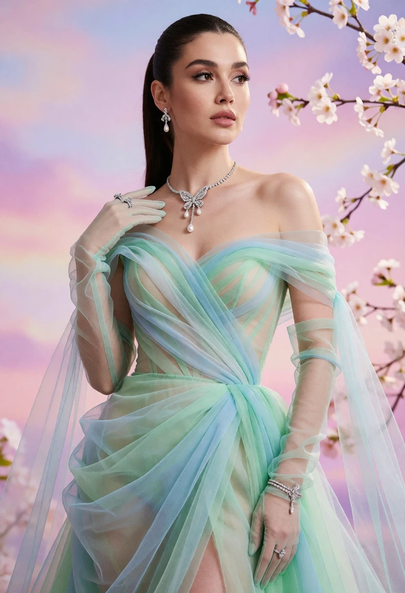 Fairskinned woman in mint green tulle gown against soft pastel backdrop - AI generated image prompt sample