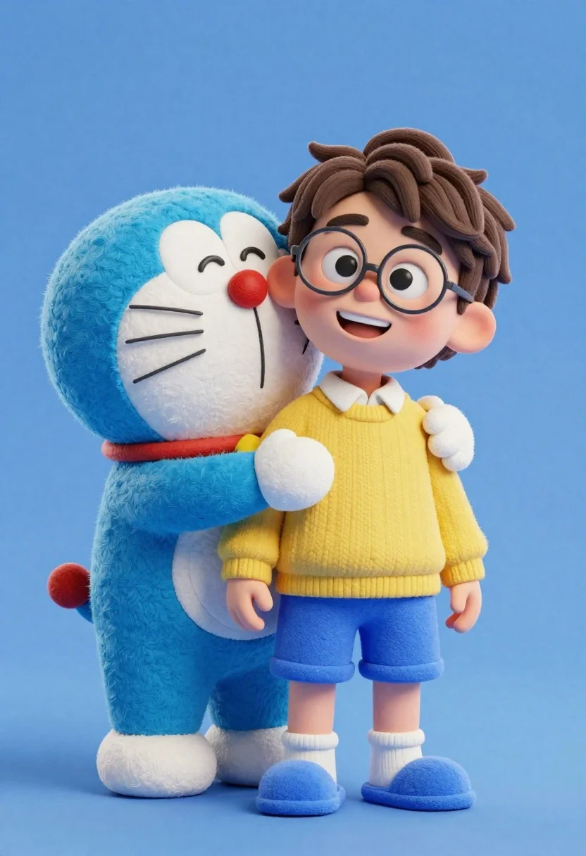 Young boy in yellow sweater hugged by blue robotic cat on blue - AI generated image prompt sample