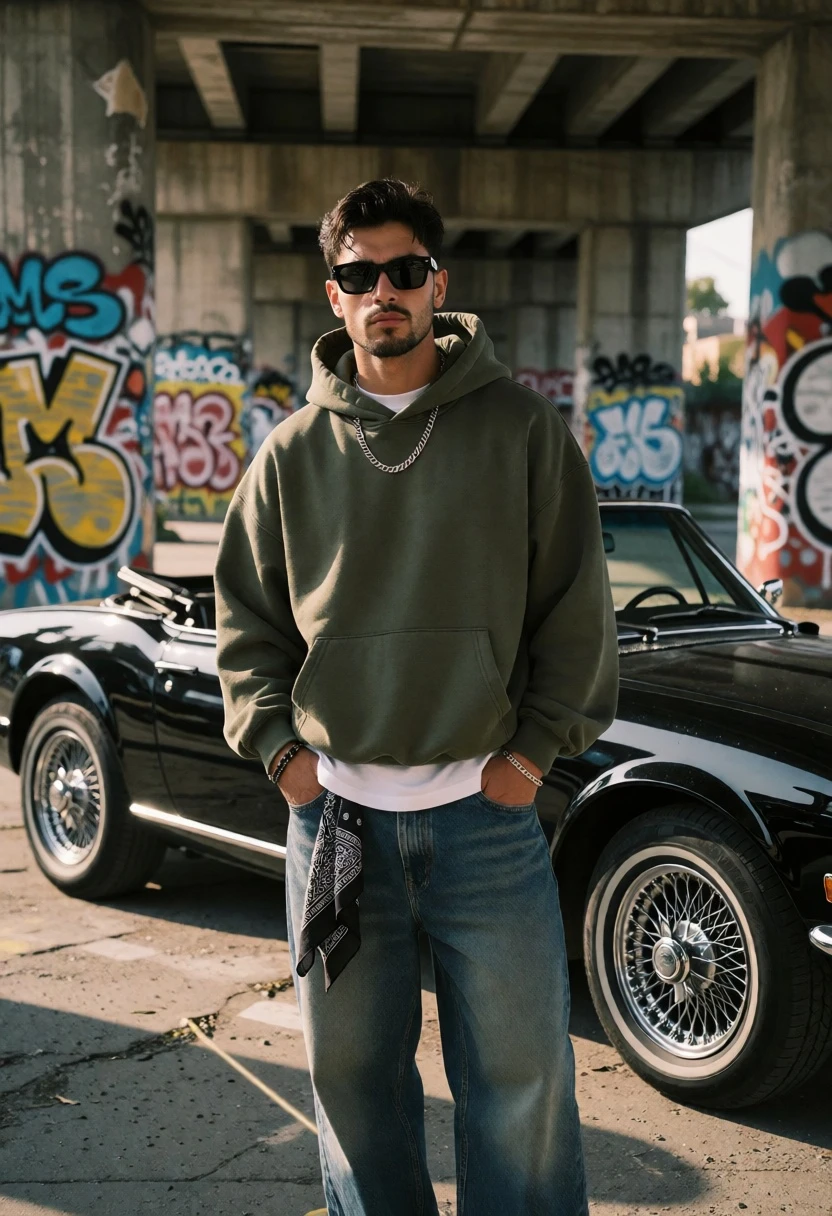 Young man by vintage black convertible under graffiti covered overpass - AI generated image prompt sample