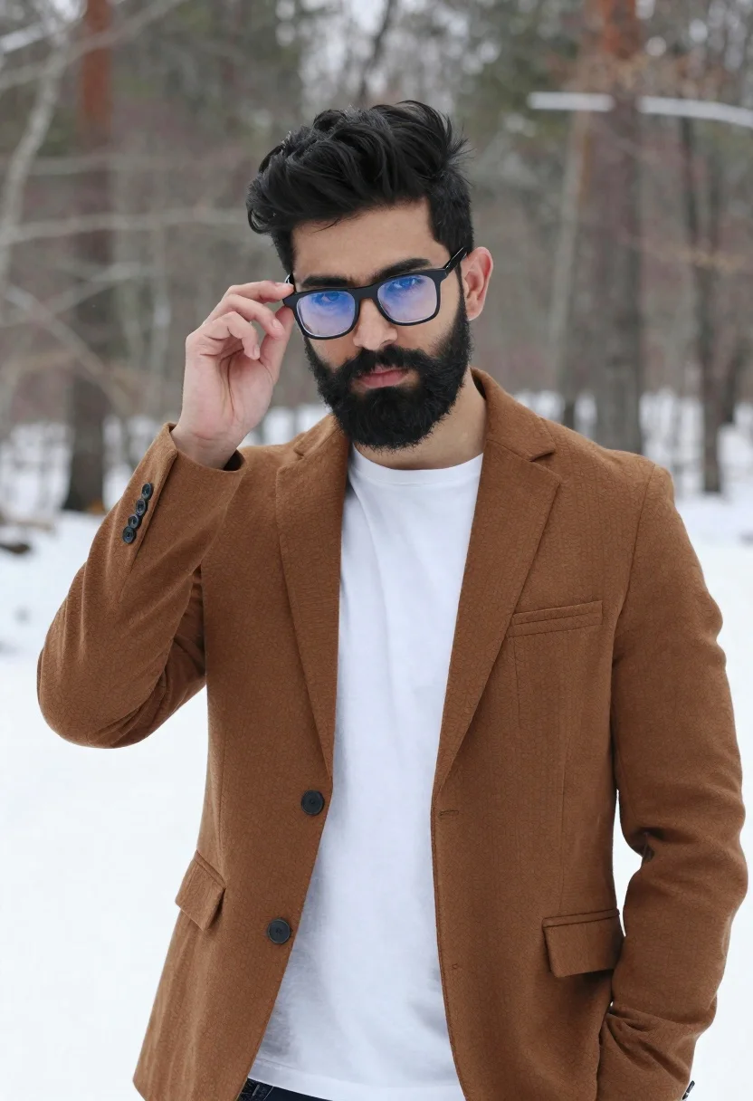 Man with beard and glasses in snowy forest