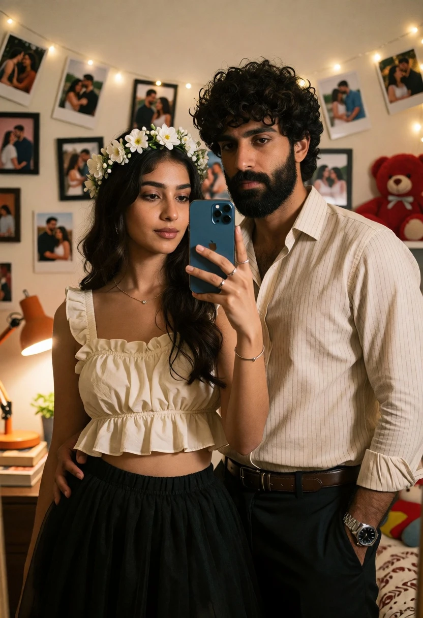 Couple taking a mirror selfie in warmly lit room with fairy lights - AI generated image prompt sample