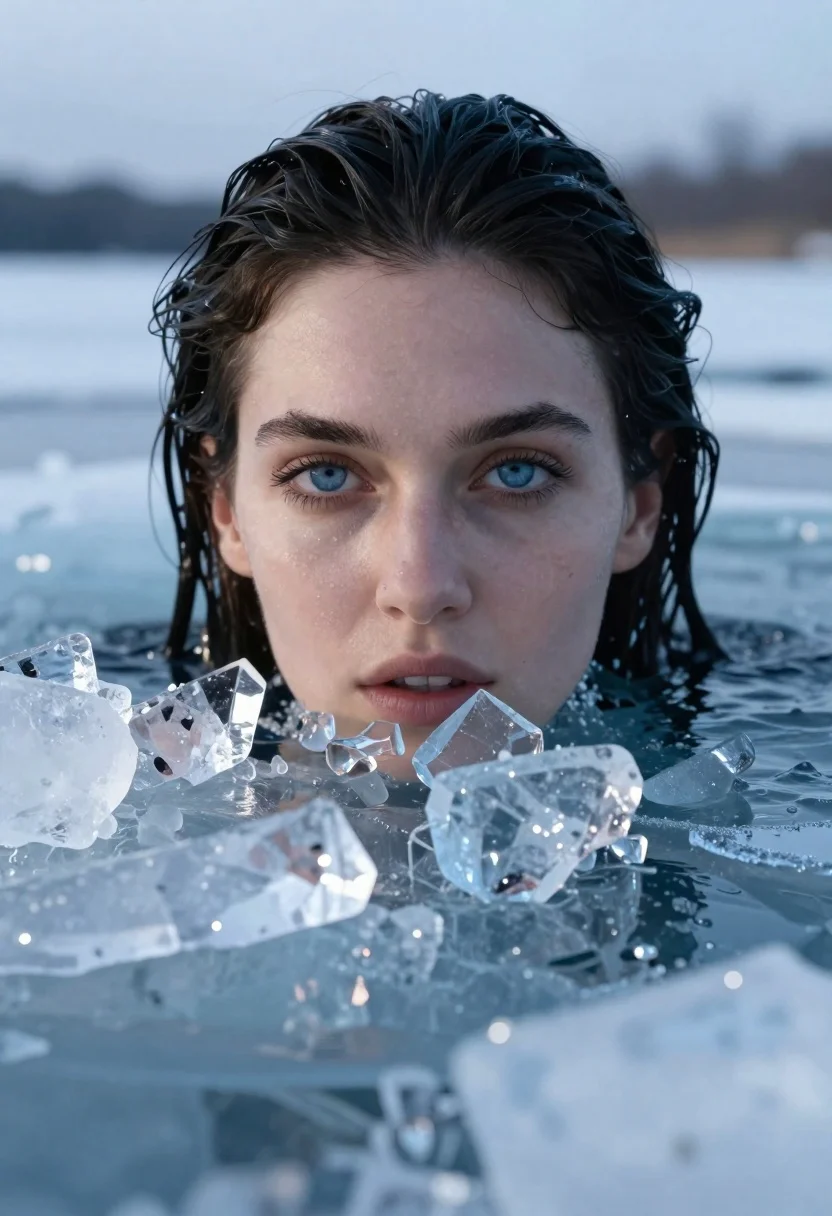 Woman emerging from icy water with blue eyes