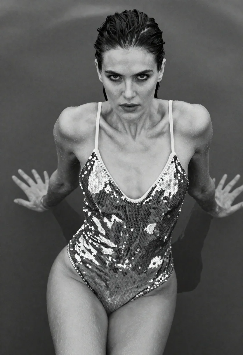 Black and white fashion portrait of woman emerging from water - AI generated image prompt sample