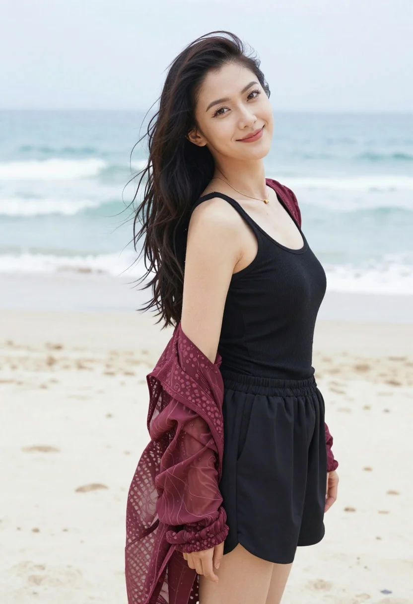 Young woman with dark hair on beach looking over shoulder at camera