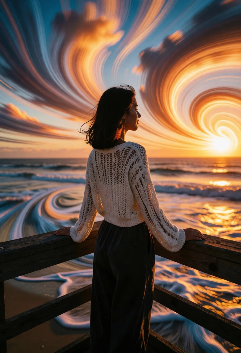 Woman on wooden pier viewing surreal sunset over dramatically streaked ocean - AI generated image prompt sample