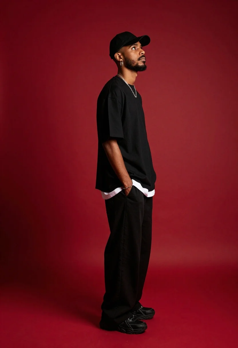 Young man in black outfit standing on red studio background