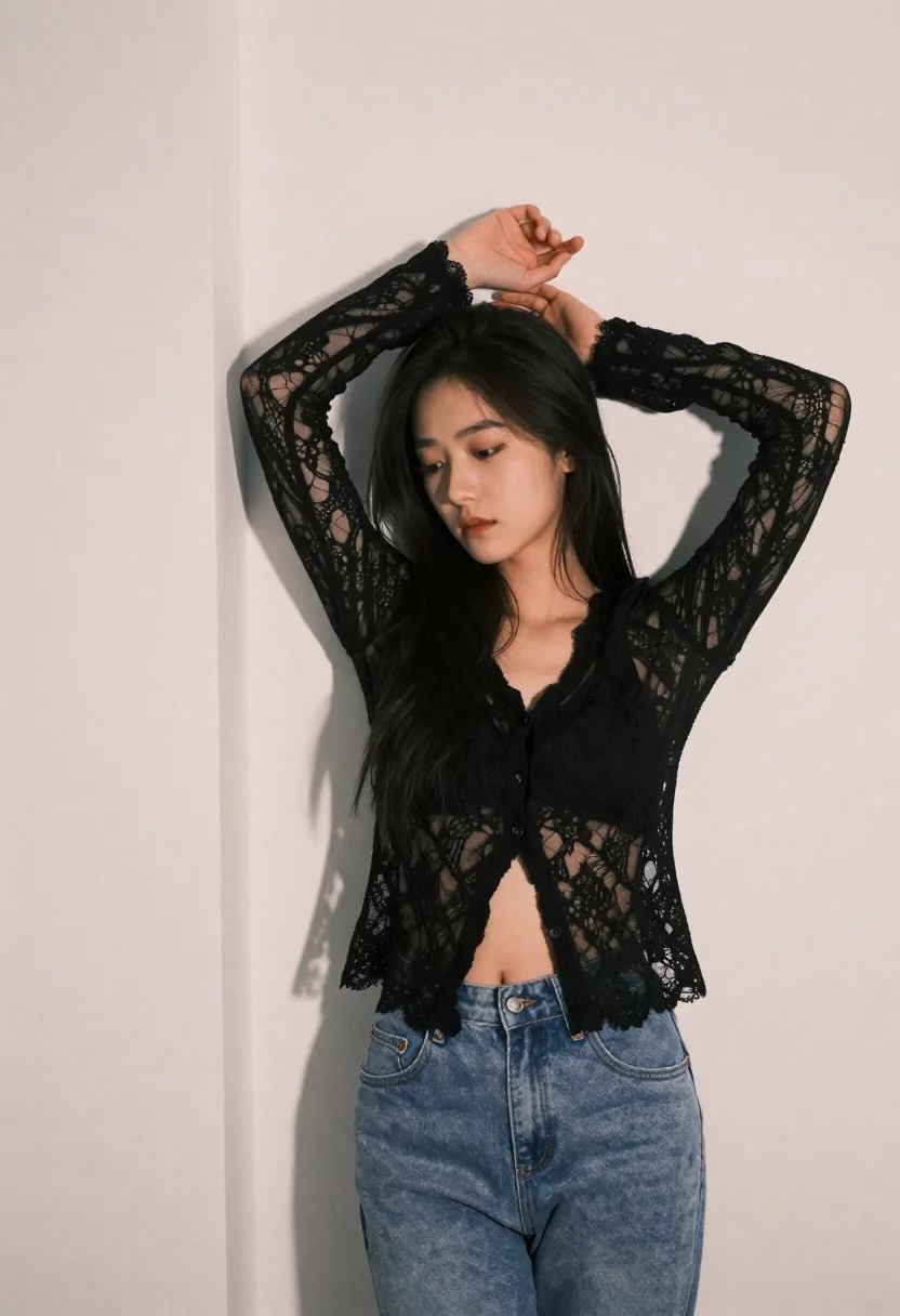 Young woman in black lace cardigan against stark white wall
