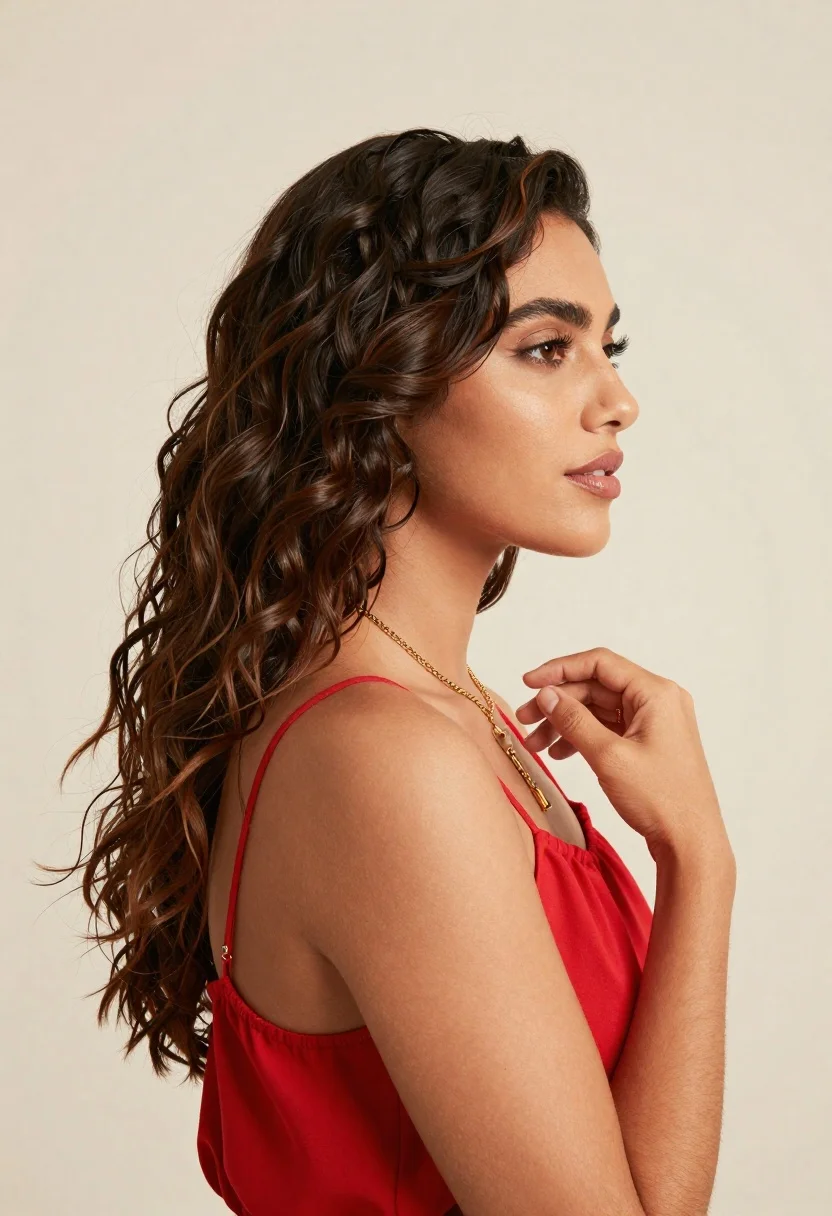 Profile portrait of woman in red top against cream studio background