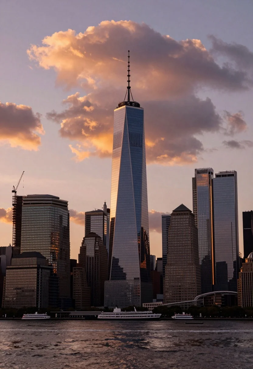 Panoramic view of lower manhattan skyline at sunset reflecting golden light - AI generated image prompt sample